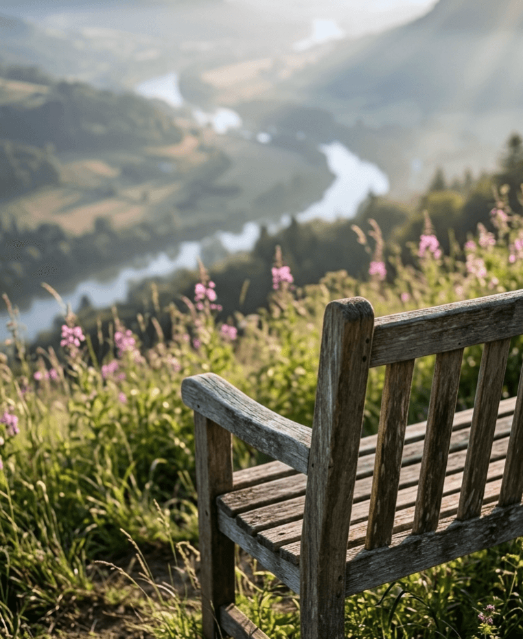 A tight closeup photograph of an empty, weathered wooden garden bench overlooking a spectacular, misty morning landscape vista from a high vantage point. Tall grasses and wild pink flowers fill the immediate foreground, symbolizing the 'Looking Beyond Your Roles' module of the "Now What" program.