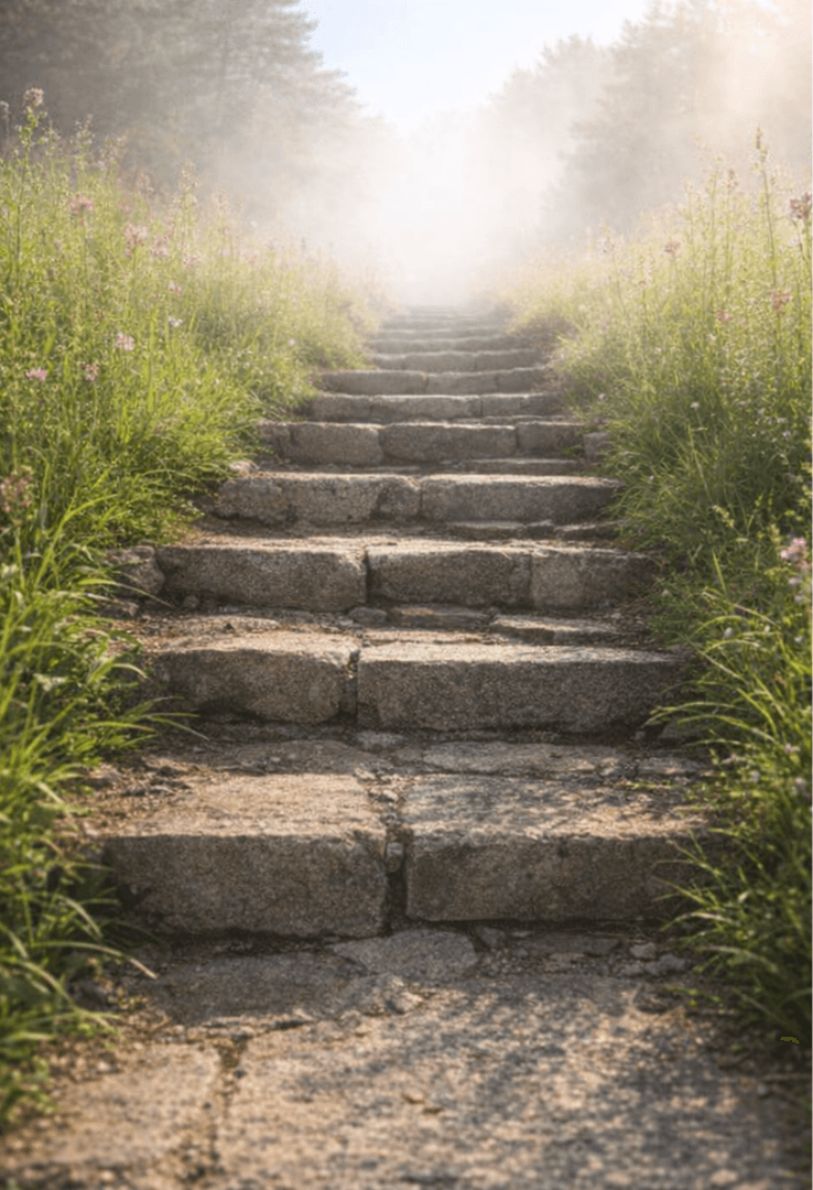 A low-angle vertical photograph of deeply textured stone steps lined with tall grass and muted pink flowers, leading toward a bright, glowing morning mist and blue sky, symbolizing the small-step progression of the 'Now What?' trauma informed coaching program for women who've experienced difficult family relationships.