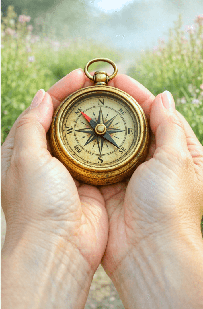 A tight closeup photograph of a woman's hands holding a traditional brass compass to symbolize her newfound direction and hope through the "Now What?"  trauma informed coaching program for midlife women offered through Grace in the Middle.