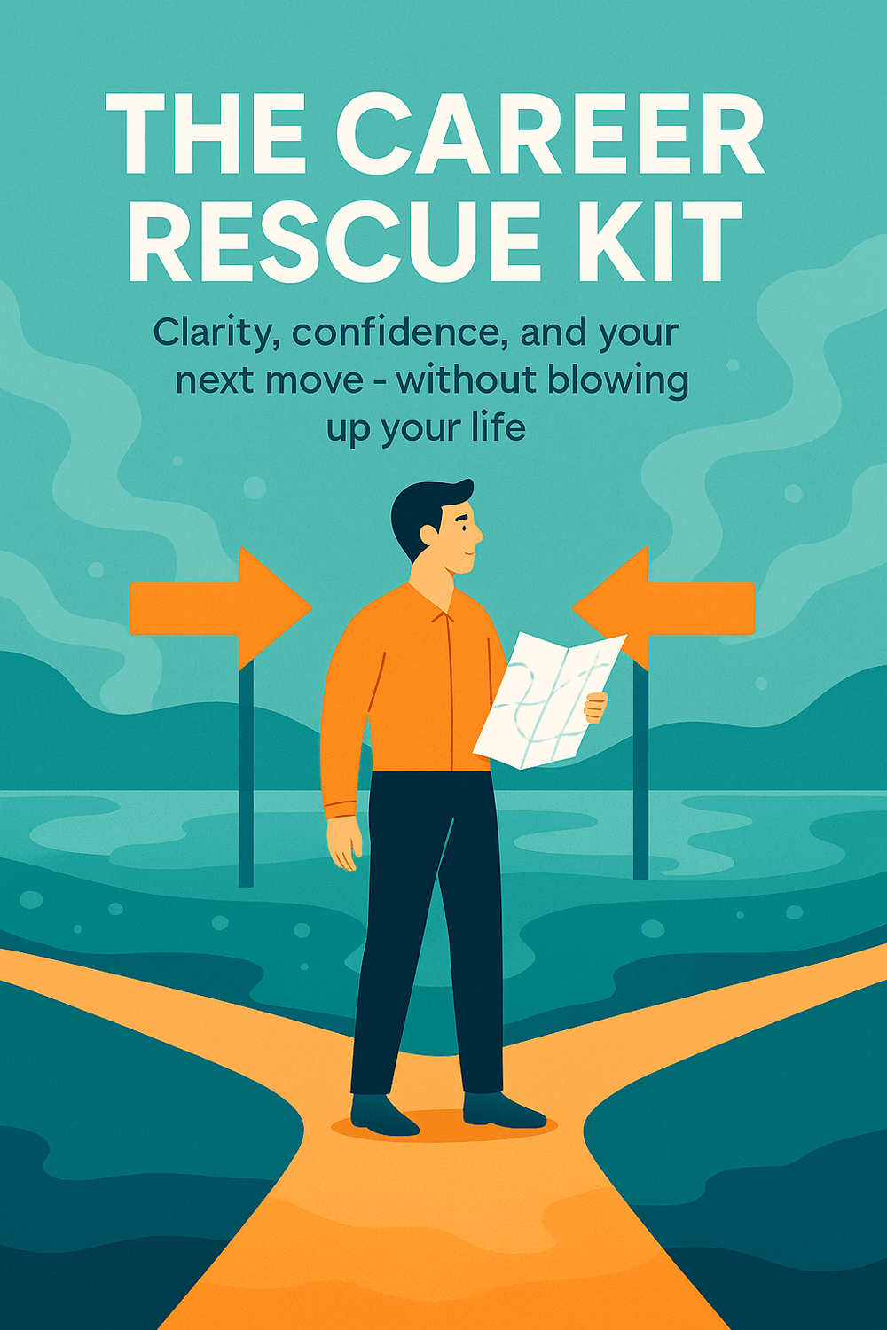 Illustration of a person holding a map at a forked pathway, representing the Career Rescue Kit and the decision many working parents face when feeling stuck in their careers