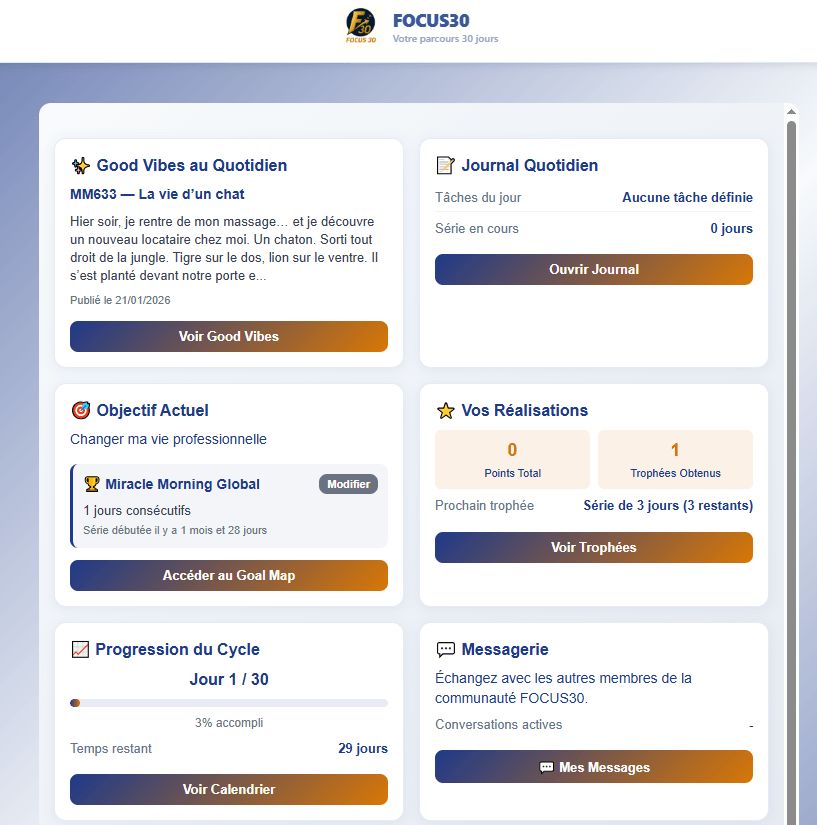Page d'accueil de l'application Focus