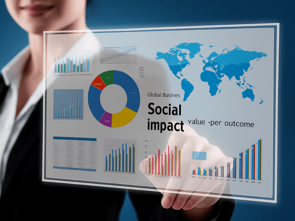 A woman reviewing a real-time social impact measurement dashboard on screen