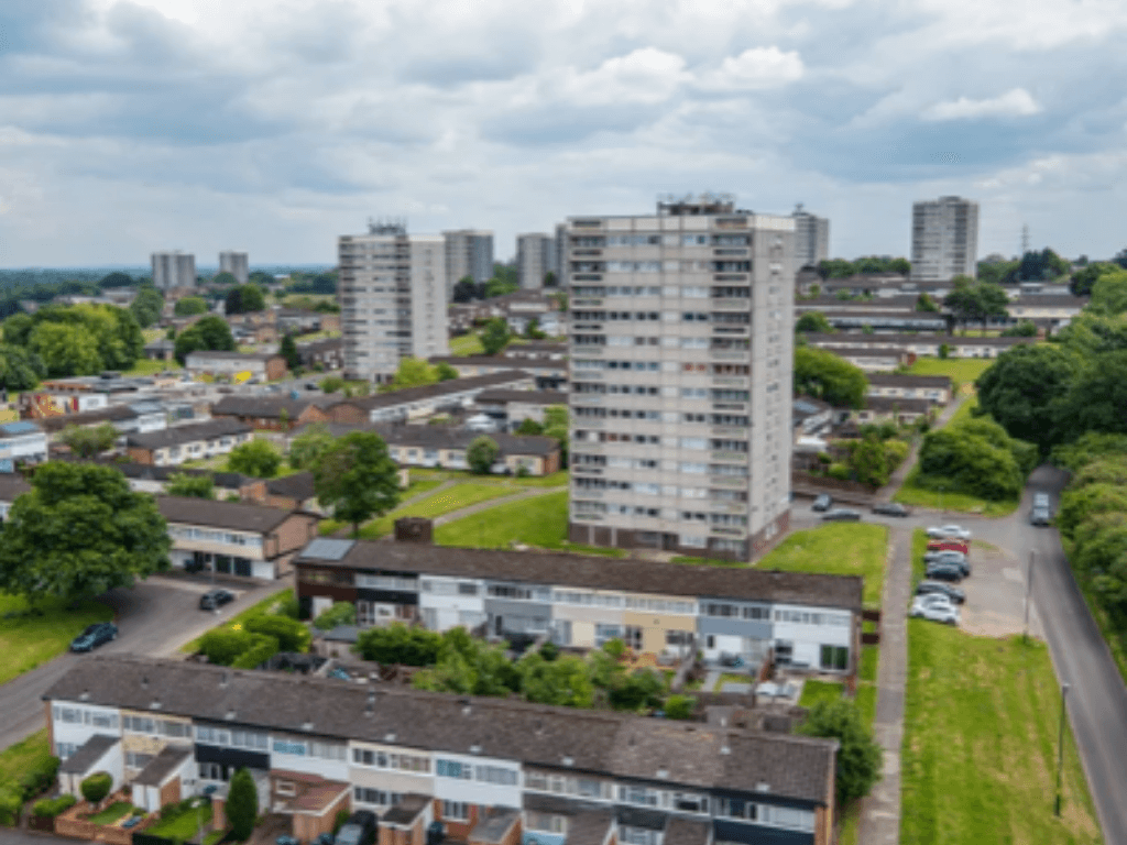 Aerial view of Druids Heath, Birmingham, where Loconomy is driving social justice and community regeneration