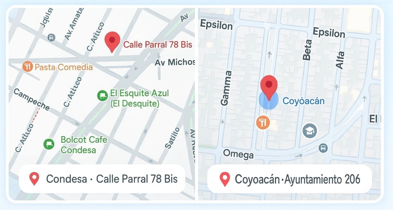 Mapa de sedes FLITS: Condesa (Calle Parral 78 Bis) y Coyoacán (Ayuntamiento)