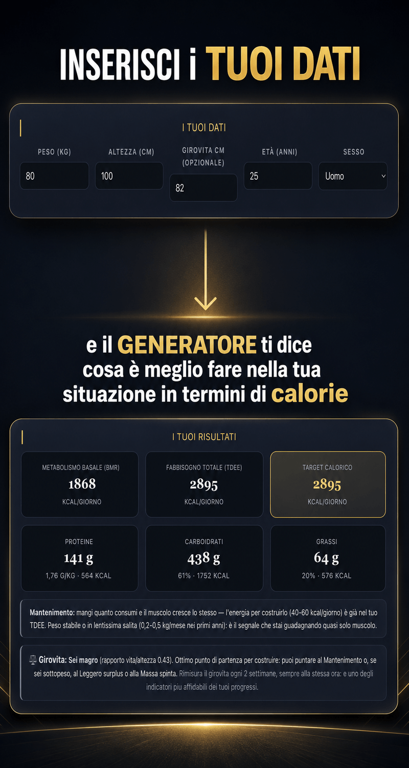 Il generatore consiglia cosa fare a livello calorico in base ai tuoi dati