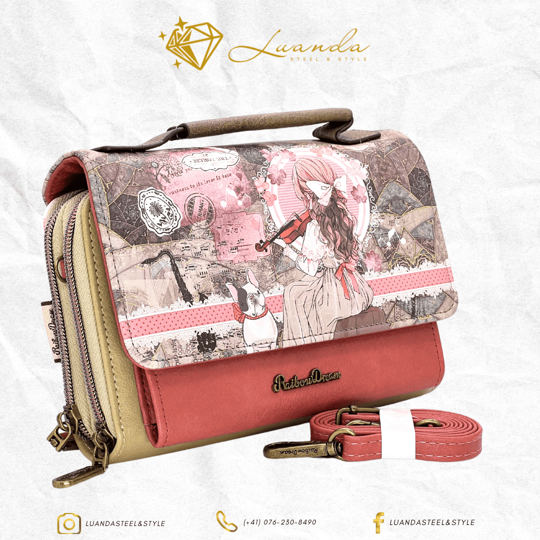  Bolso Sweet Candy con diseño de chica tocando violín y perro francés, en tonos rosa y beige – Luanda Steel & Style