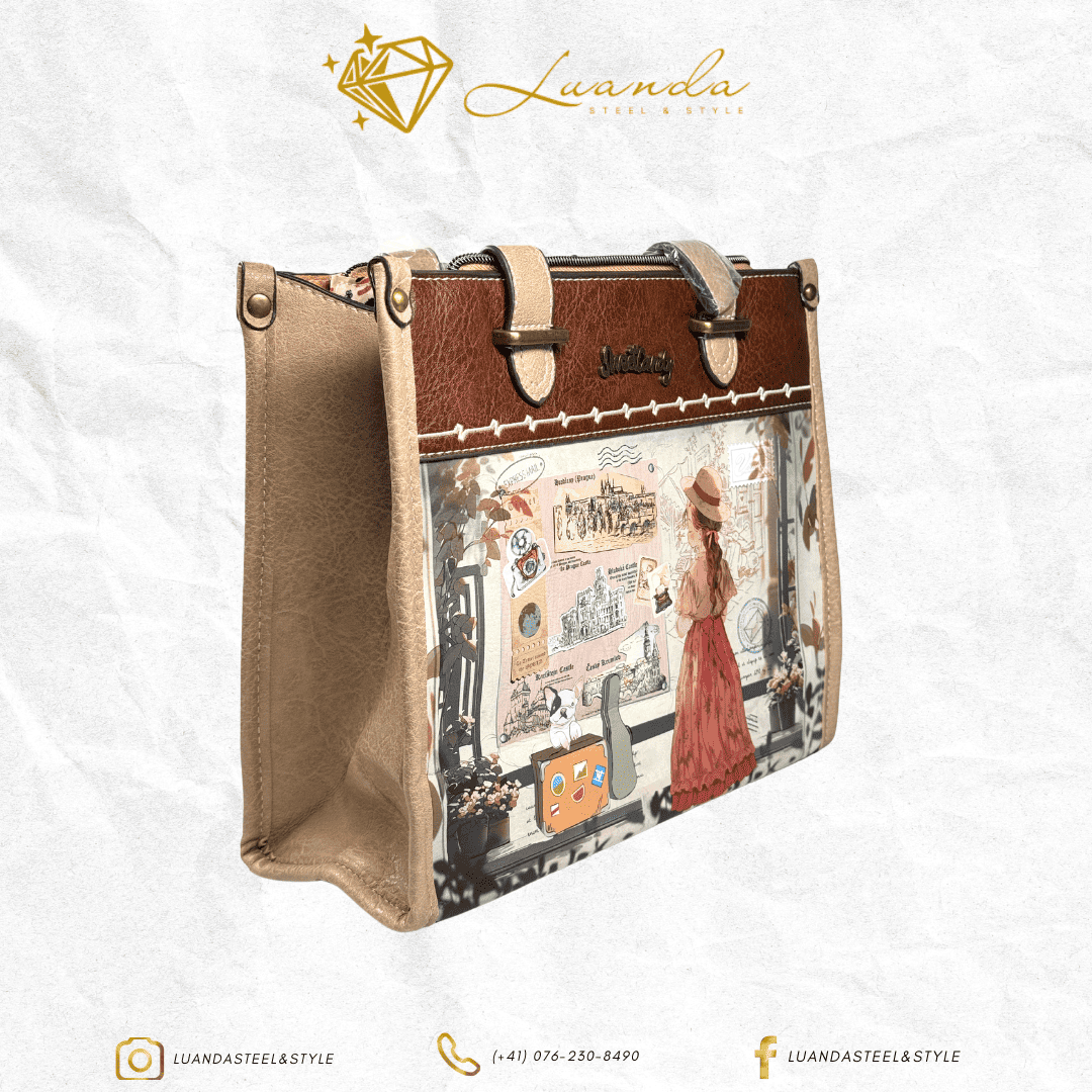  Cartera Sweet Candy estilo vintage con ilustración de viajera y mapa en tonos marrón – Luanda Steel & Style