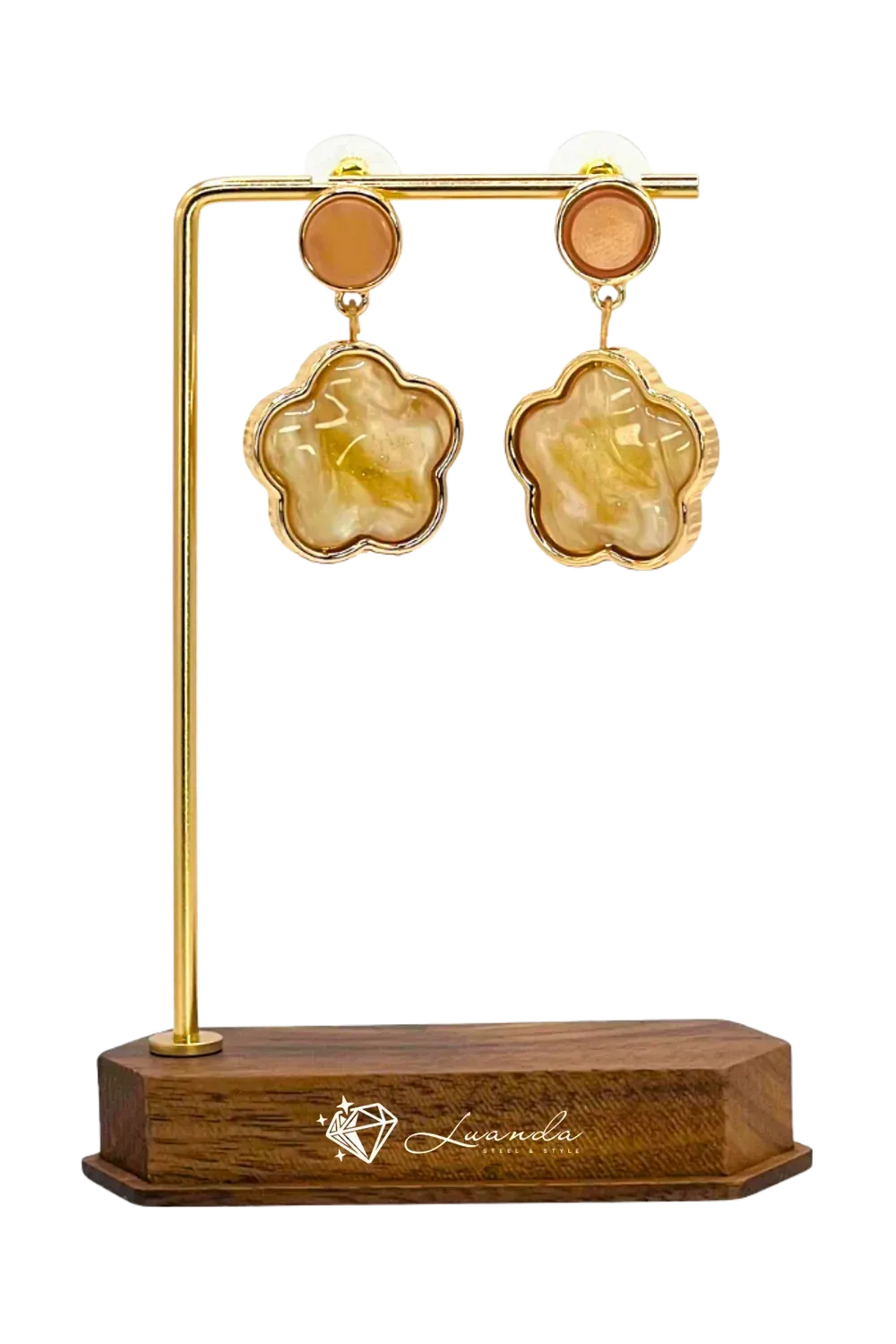 Boucles d’oreilles dorées en forme de fleur, effet marbre nacré