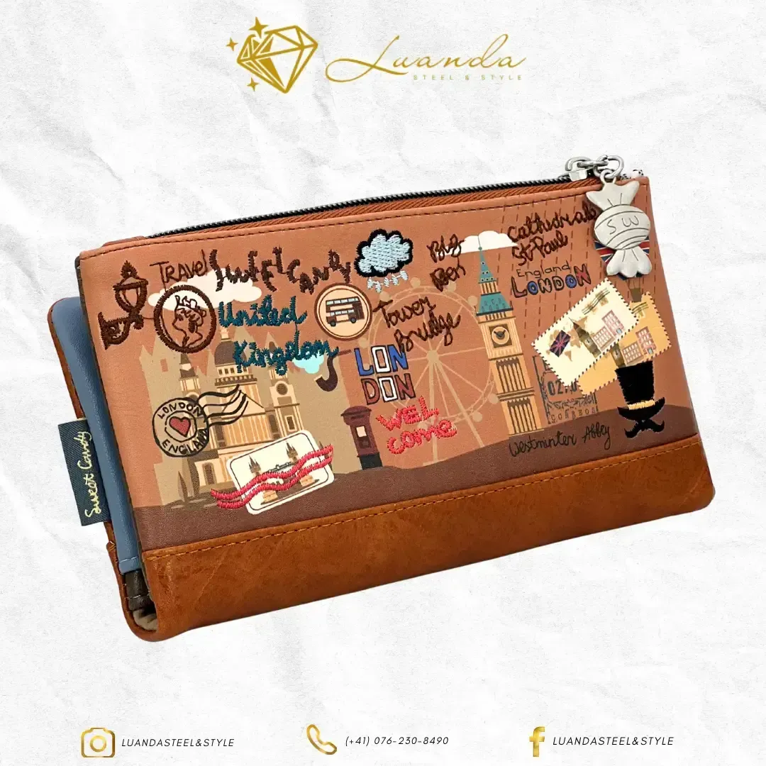 Portefeuille femme marron style Londres avec fermeture éclair, compartiments cartes et billets – design original Sweet Candy