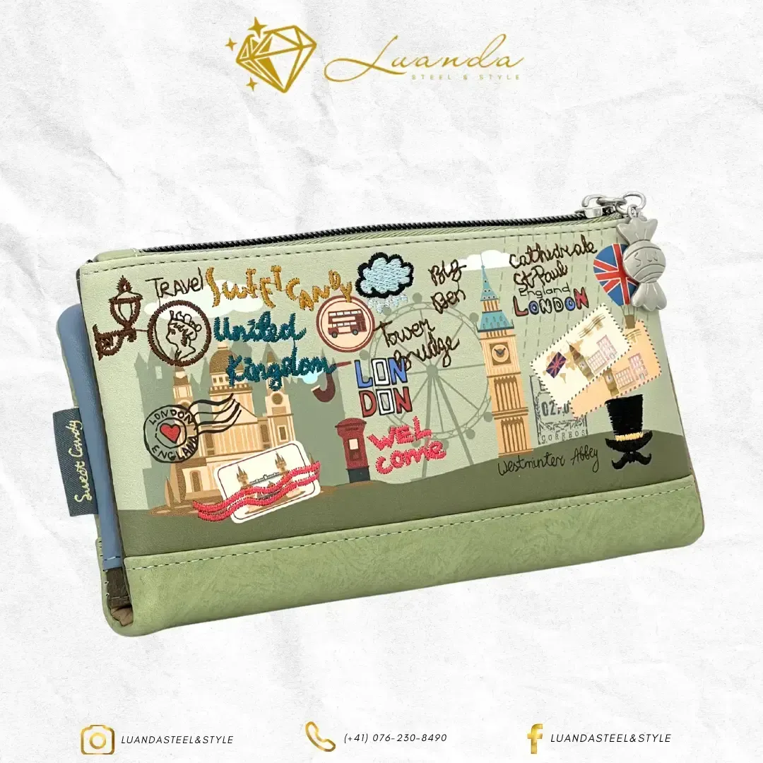 Portefeuille femme vert motif Londres, avec fermeture éclair et compartiments multiples – design original Sweet Candy