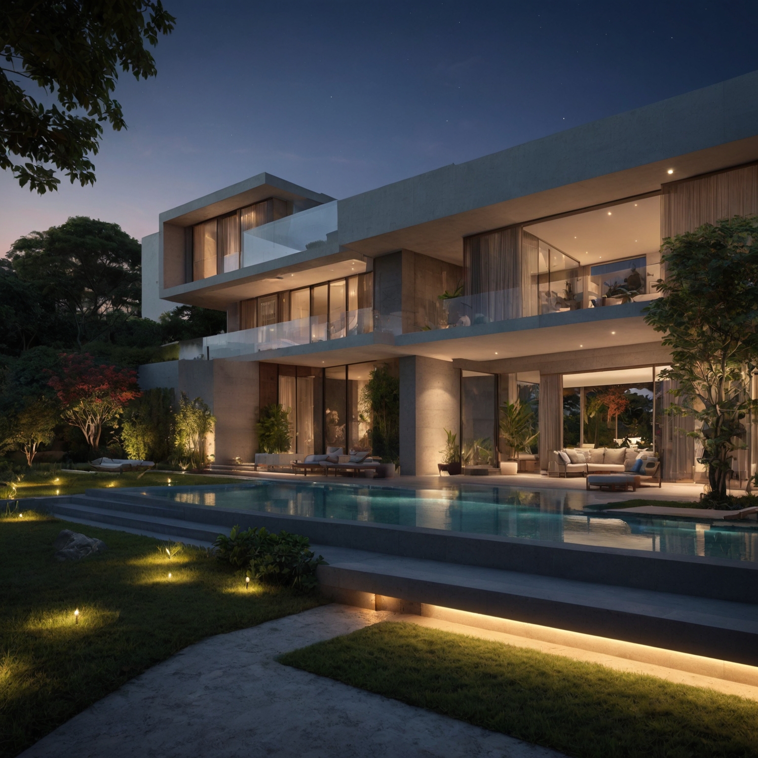 Escena nocturna de una residencia iluminada y protegida por sistemas IoT