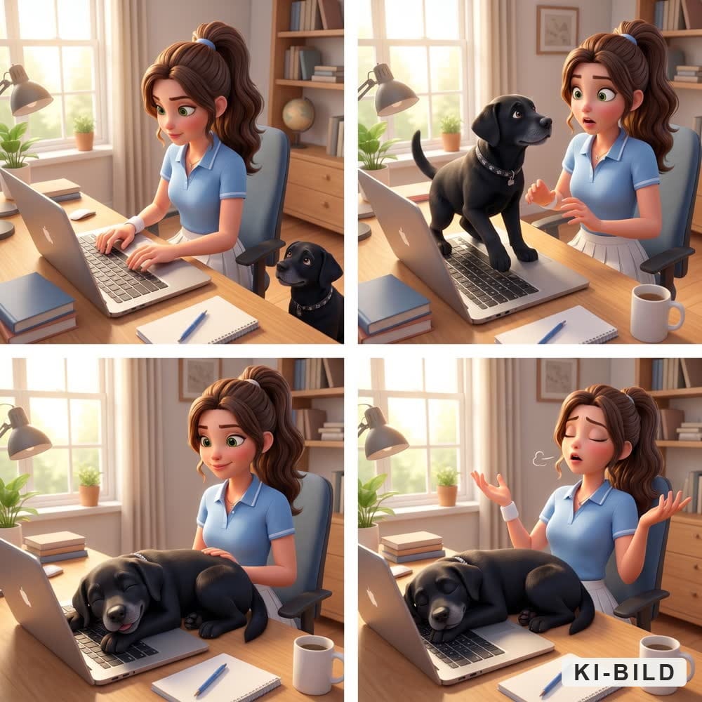 Vier Comic-Bilder: Ein Hund legt sich im Homeoffice auf die Tastatur.