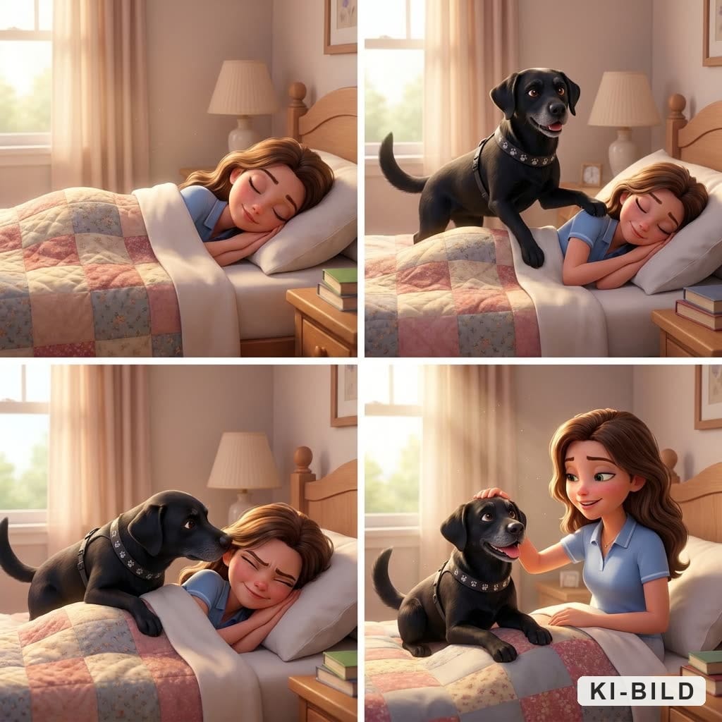 Vier Comic-Bilder: Ein Hund weckt nachts eine schlafende Frau.