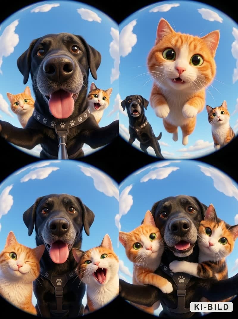 Vier Comic-Bilder im Selfie-Stil: Hund und Katzen vor blauem Himmel.