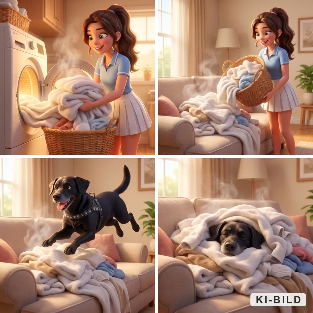 Vier Comic-Bilder: Ein Hund springt in frisch gefaltete Wäsche.