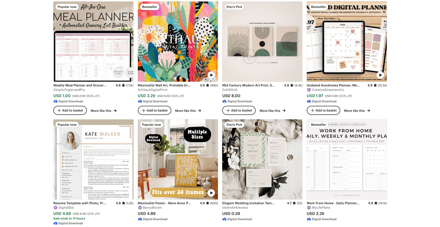 Screenshot of Etsy Digital Downloads