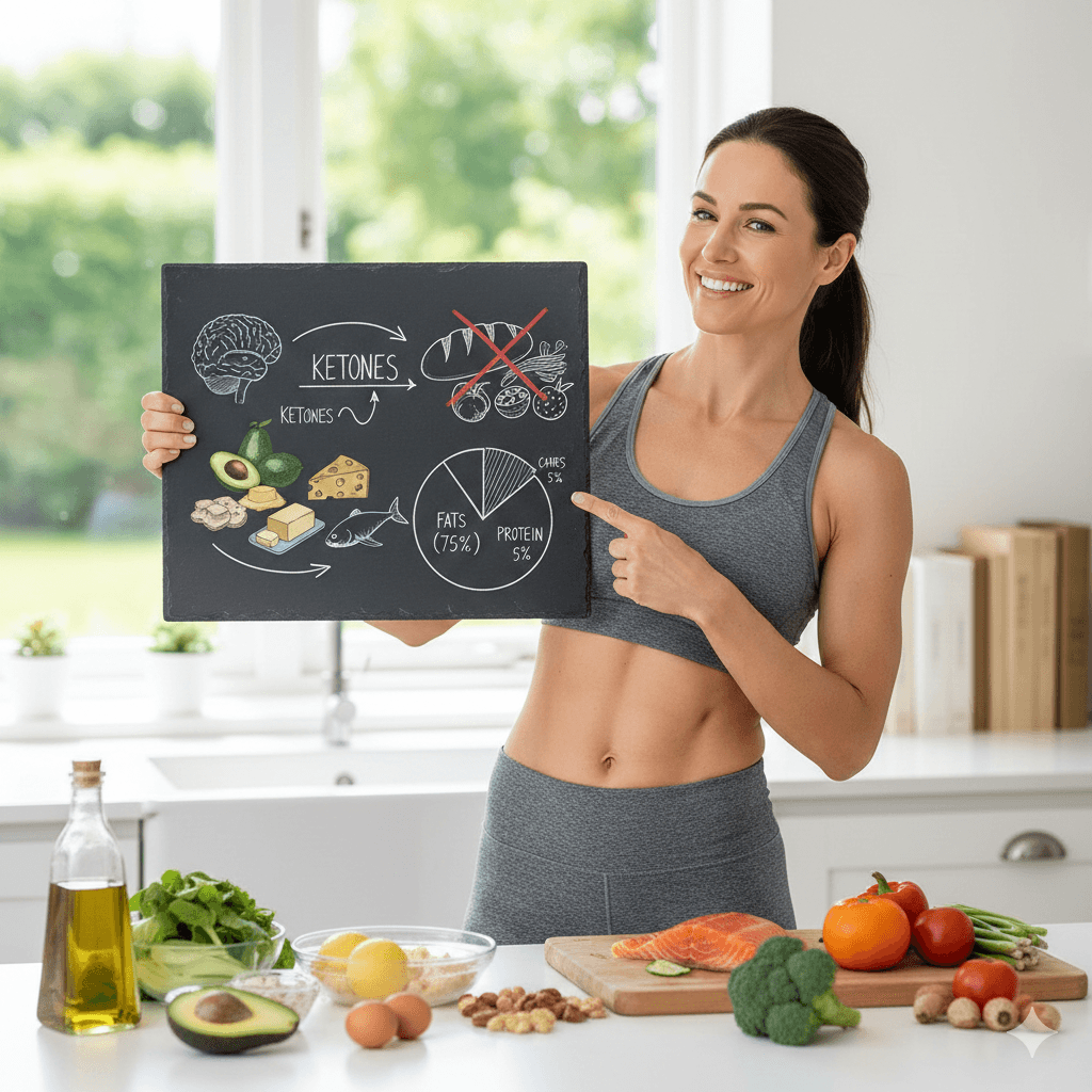 Femme sportive et énergique entourée d'aliments cétogènes : avocat, œufs, saumon, amandes et brocoli, symbolisant les bienfaits du Régime Cétogène pour la forme et l'énergie