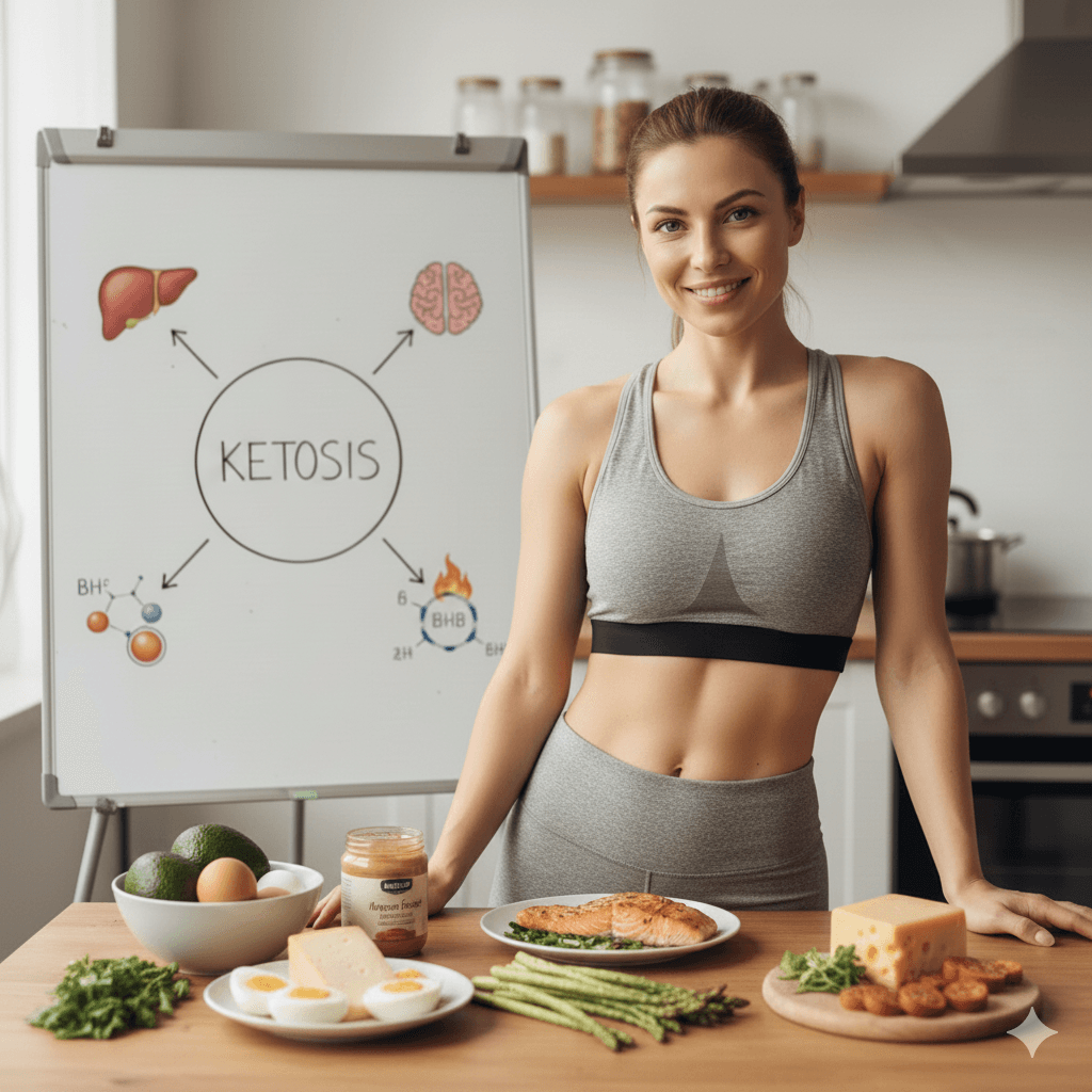 Visualisation des bienfaits du Régime Cétogène sur le corps et le cerveau : silhouette humaine avec un cœur et un cerveau illuminés, représentant l'énergie et la clarté mentale apportées par la cétose.