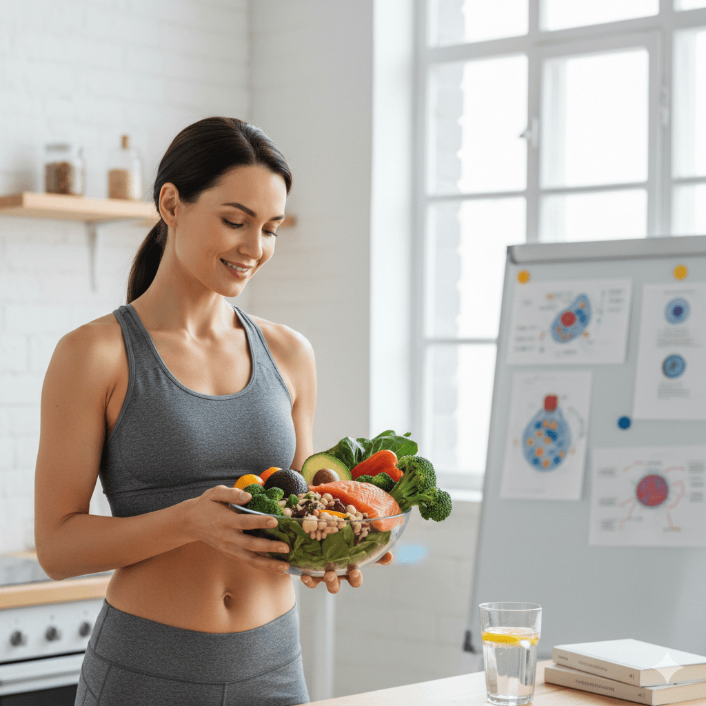 Femme montrant ses muscles, entourée d'un assortiment d'aliments riches pour le Régime Cétogène (Keto Diet) : œufs, saumon, amandes, avocat et huile d'olive.