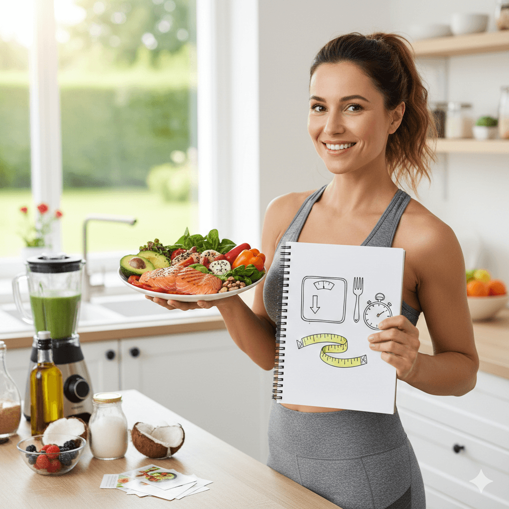 femme entourée d'aliments cétogènes