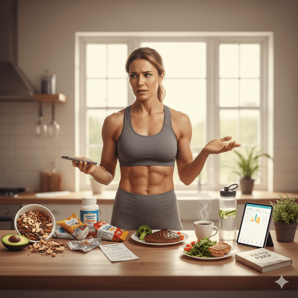 Femme perplexe devant ses repas utilisant un calculateur de macros keto sur tablette pour compter ses glucides