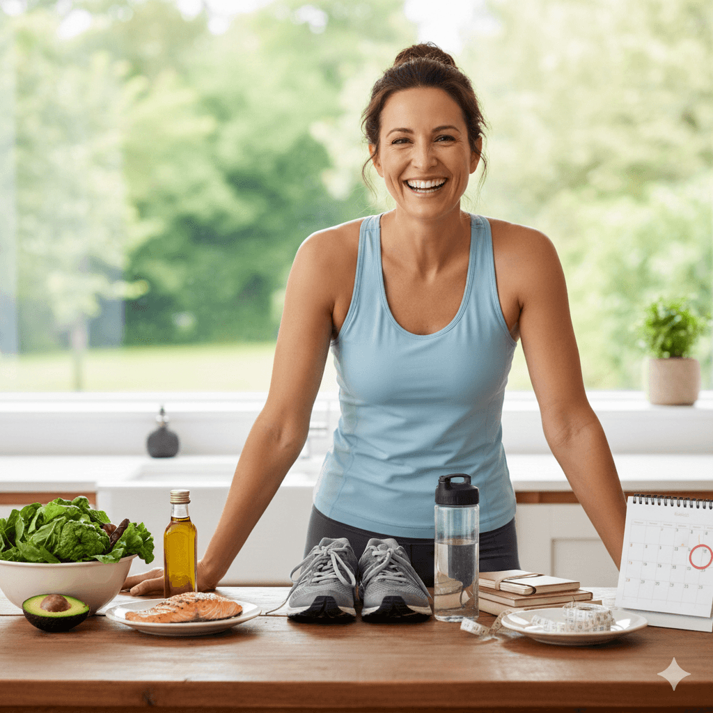 Femme souriante dans sa cuisine avec des aliments keto et des accessoires de sport pour illustrer comment relancer sa perte de poids