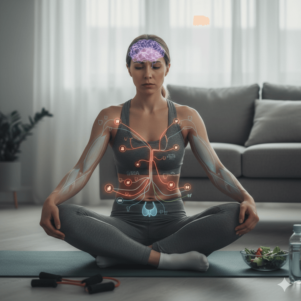 Une femme de 35 ans en tenue de sport assise en tailleur, avec une illustration schématique et lumineuse de son système métabolique et hormonal pour expliquer les paliers de perte de poids