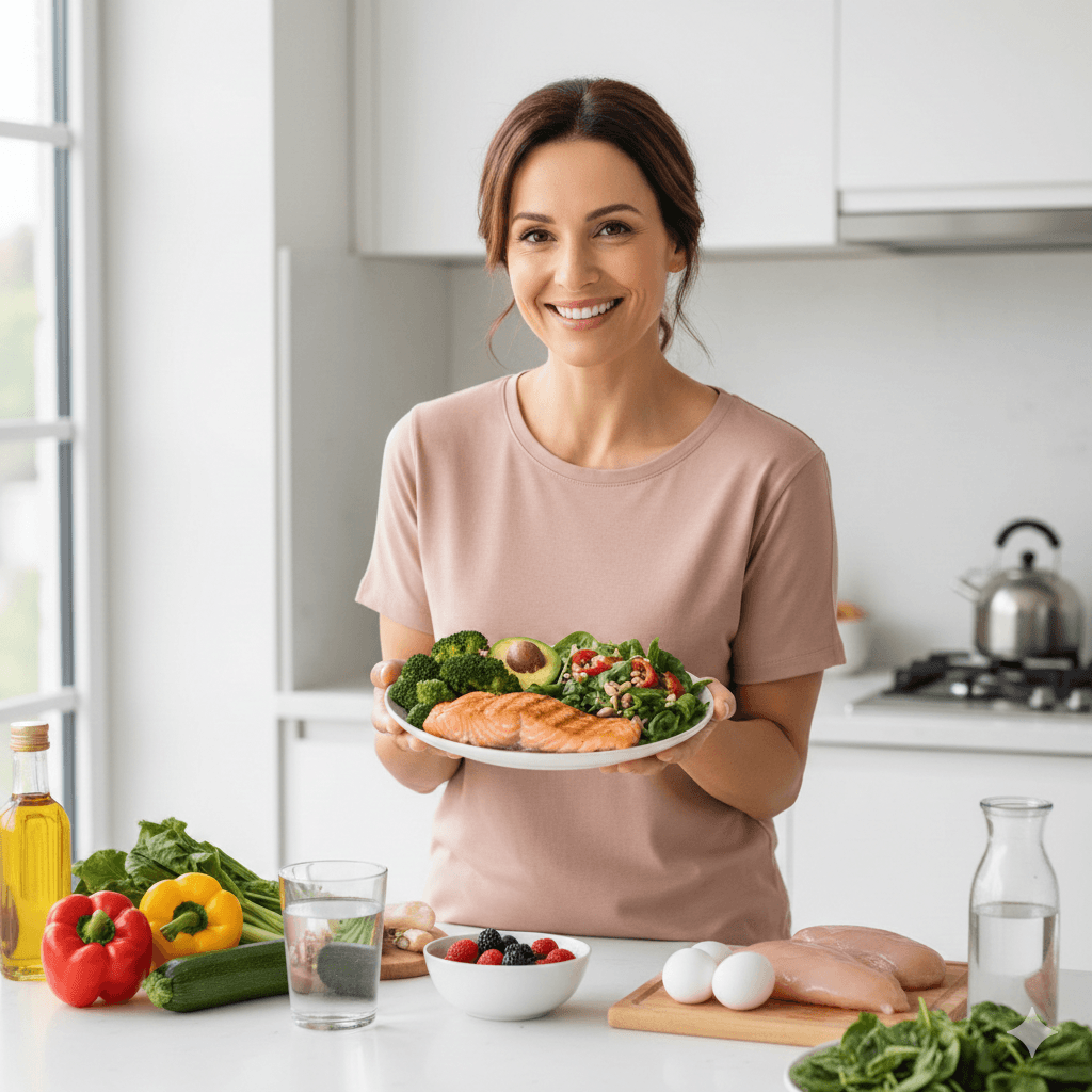 Femme souriante dans une cuisine lumineuse tenant une assiette équilibrée de saumon et légumes pour illustrer l'alimentation pauvre en glucides