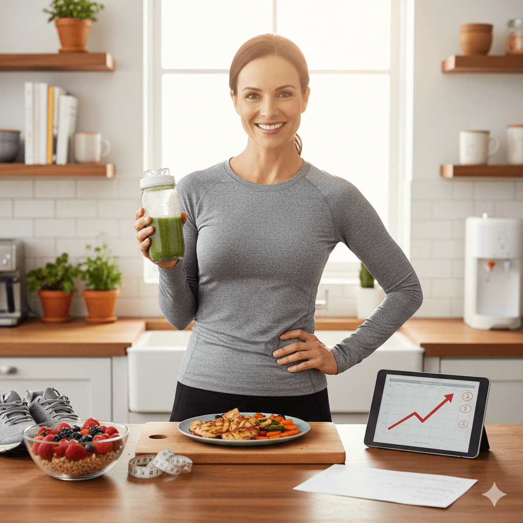 Portrait d'une femme rayonnante de 35 ans dans une cuisine lumineuse, tenant un smoothie vert. Sur le plan de travail, un repas équilibré, des fruits frais et une tablette affichant une courbe de progression positive illustrent le succès d'un rééquilibrage alimentaire