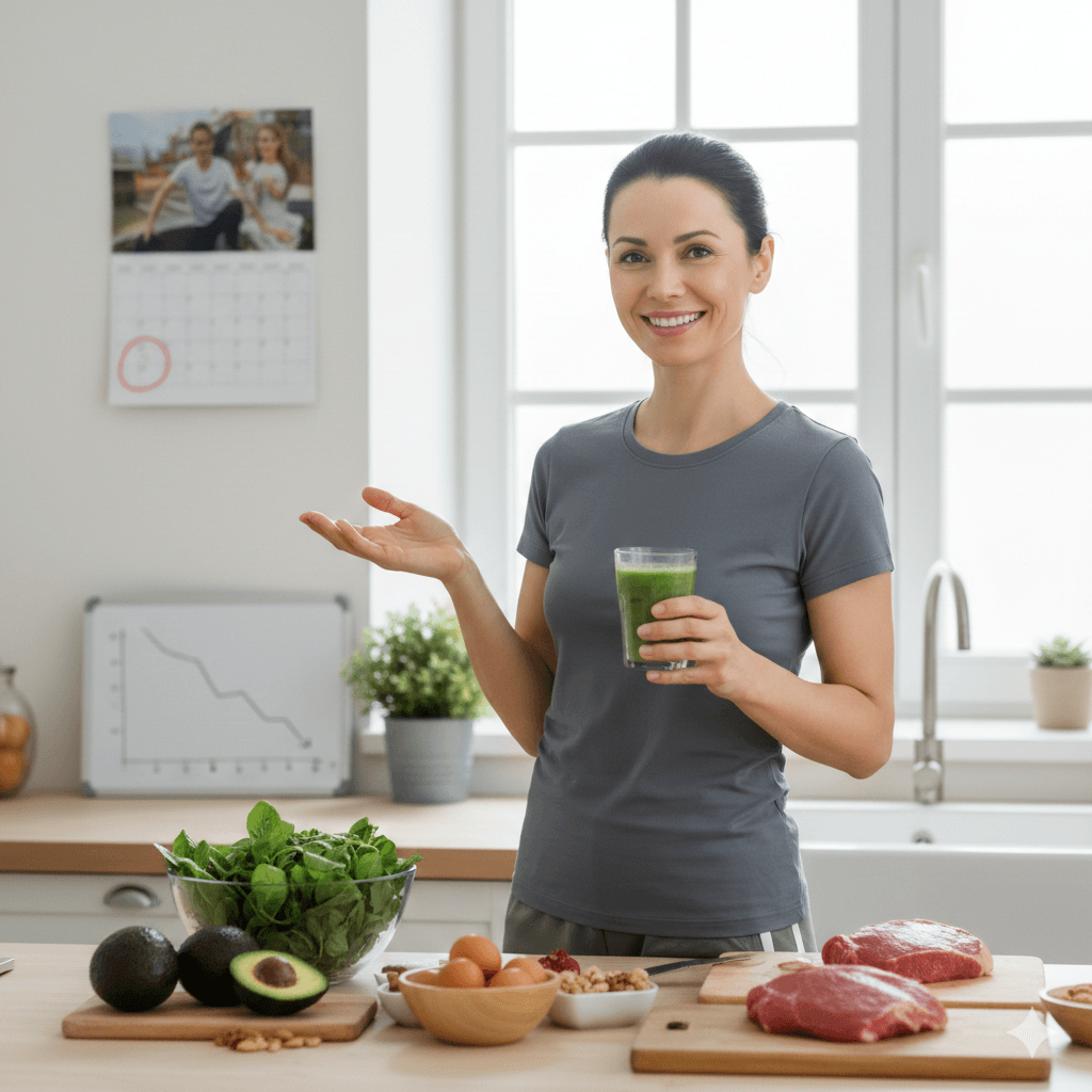 femme de 35 ans souriante dans sa cuisine, présentant des aliments keto comme l'avocat et les œufs pour illustrer la perte de poids rapide