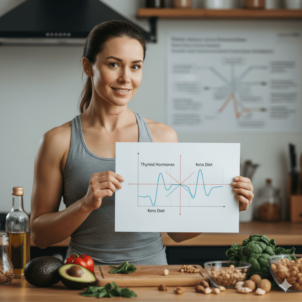 Femme de 35 ans souriante en cuisine présentant un graphique sur l'impact du régime keto (cétogène) sur les hormones thyroïdiennes.