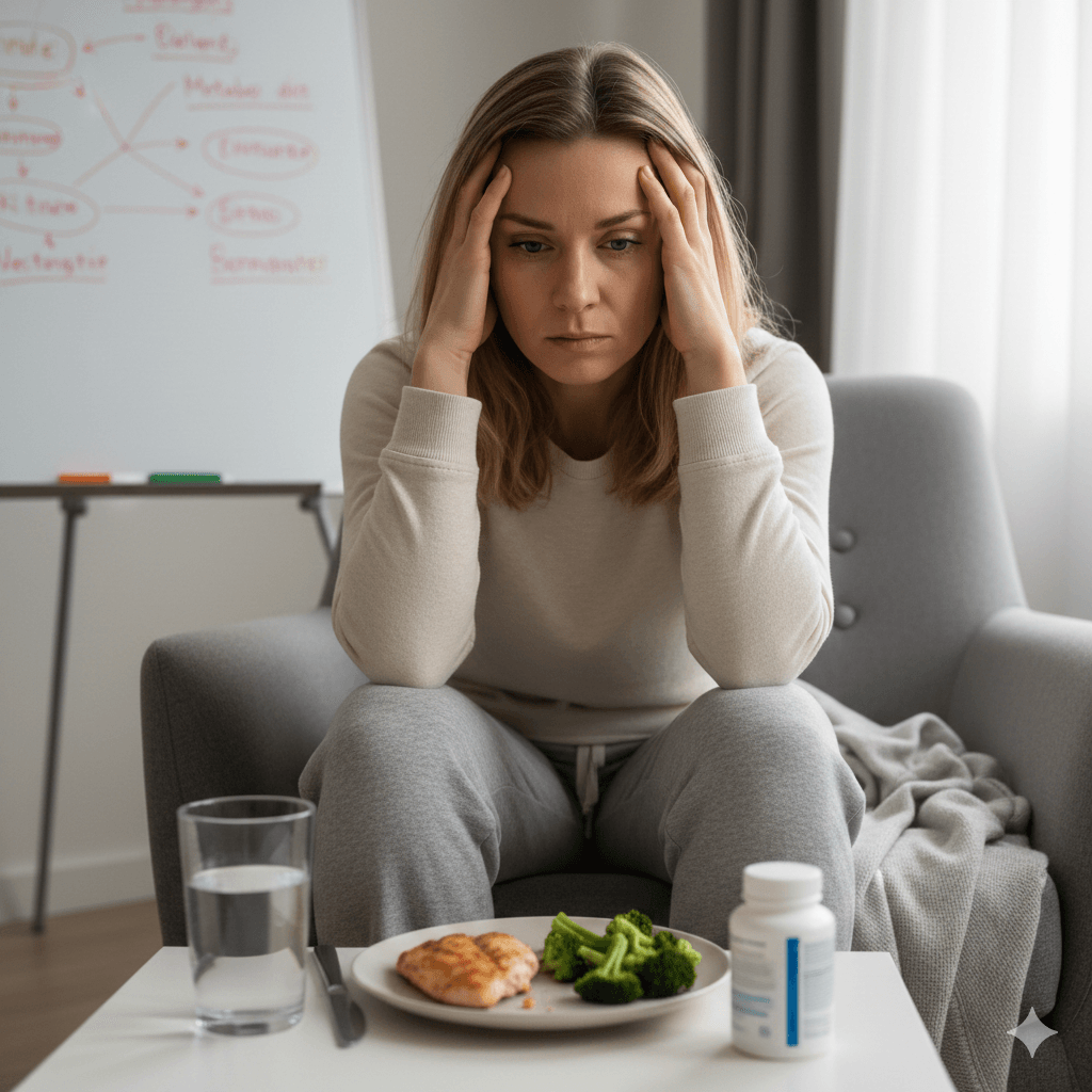 Femme de 35 ans fatiguée assise devant une assiette de régime keto strict, illustrant l'épuisement lié aux carences alimentaires.