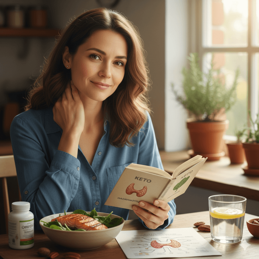 Portrait réaliste d'une femme de 35 ans dans une cuisine lumineuse, lisant un guide sur l'alimentation cétogène et la thyroïde, avec un plat de saumon et d'épinards devant elle.