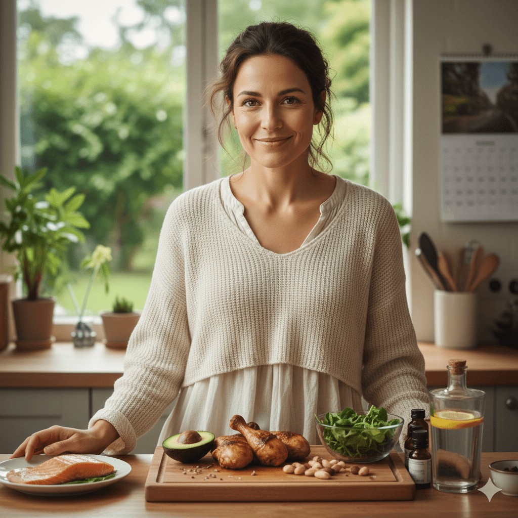 Une femme de 35 ans souriante dans une cuisine lumineuse, entourée d'ingrédients sains comme du saumon, de l'avocat et des légumes verts, illustrant l'adaptation du régime keto pour l'hypothyroïdie.