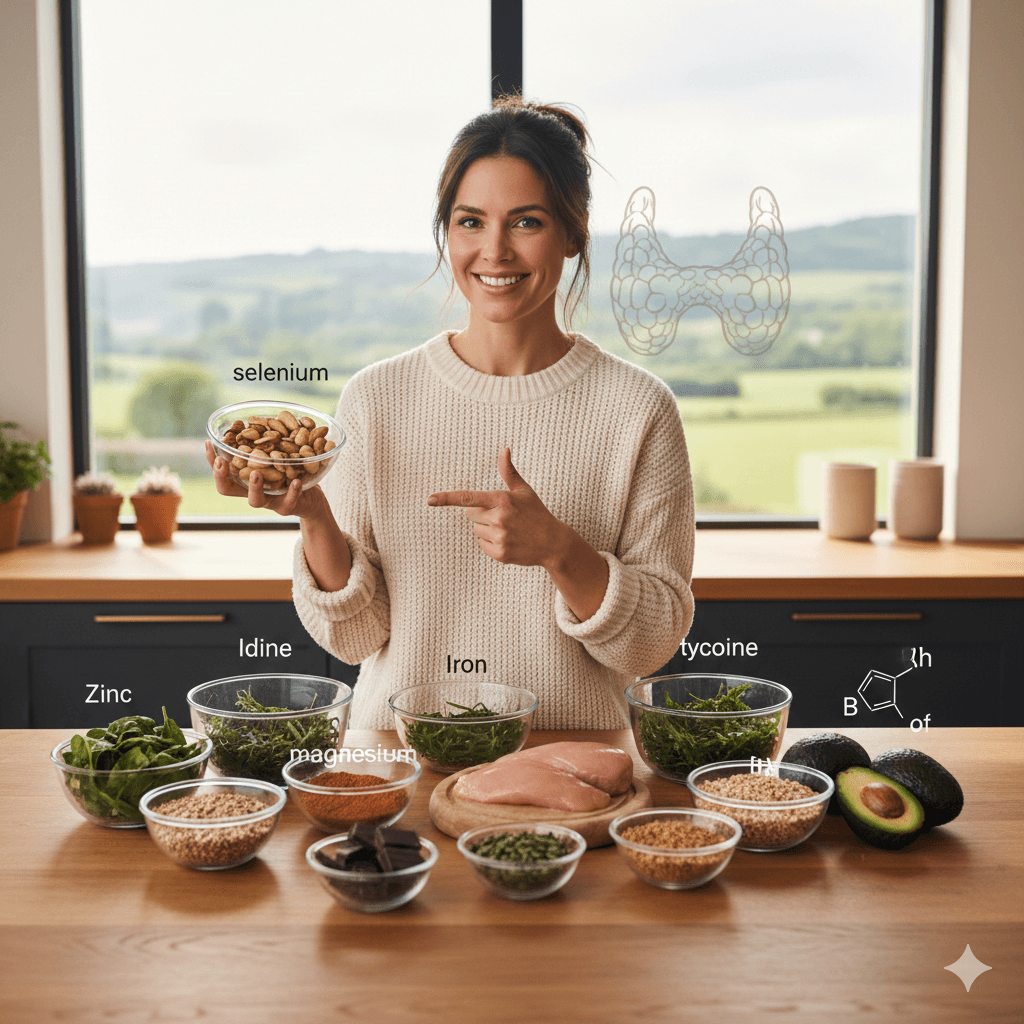femme présente les micronutriments essentiels pour la thyroïde : sélénium, zinc, iode et fer sur une table de cuisine saine
