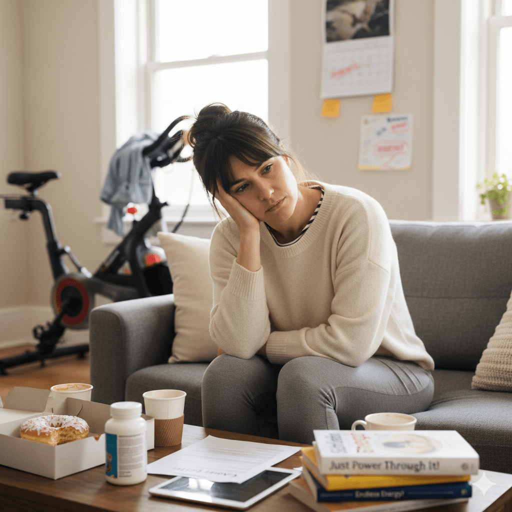 Femme de 34 ans pensive assise sur un canapé illustrant les erreurs de mode de vie et d'alimentation courantes en cas d'hypothyroïdie