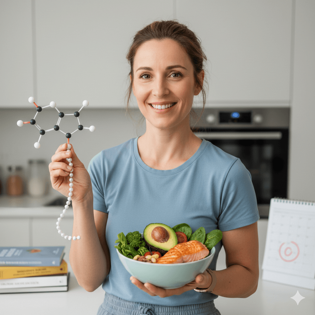 Femme de 35 ans souriante tenant un bol de nourriture cétogène (avocat, saumon) et un modèle moléculaire, illustrant le lien entre le régime keto et la gestion du SOPK.