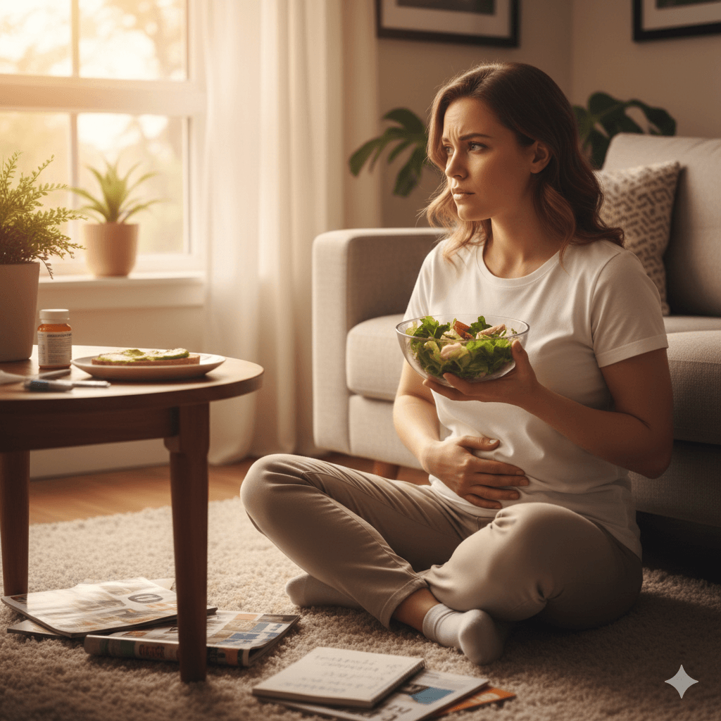 Femme de 37 ans pensive assise dans un salon chaleureux tenant un bol de salade, illustrant les difficultés de la perte de poids avec le SOPK.