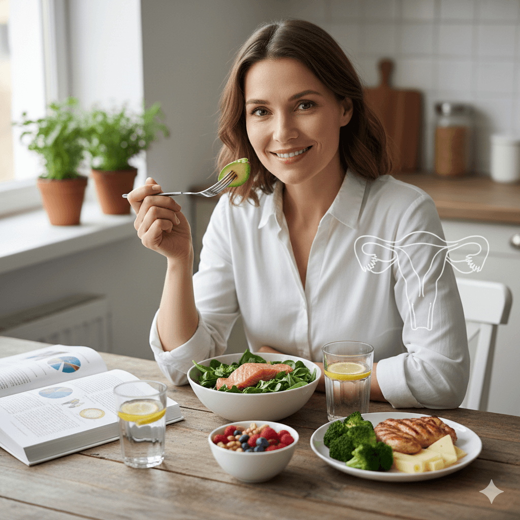 Femme souriante dégustant un repas équilibré composé de saumon, avocat et brocolis, avec une illustration du système reproducteur féminin évoquant la nutrition pour l'équilibre hormonal.