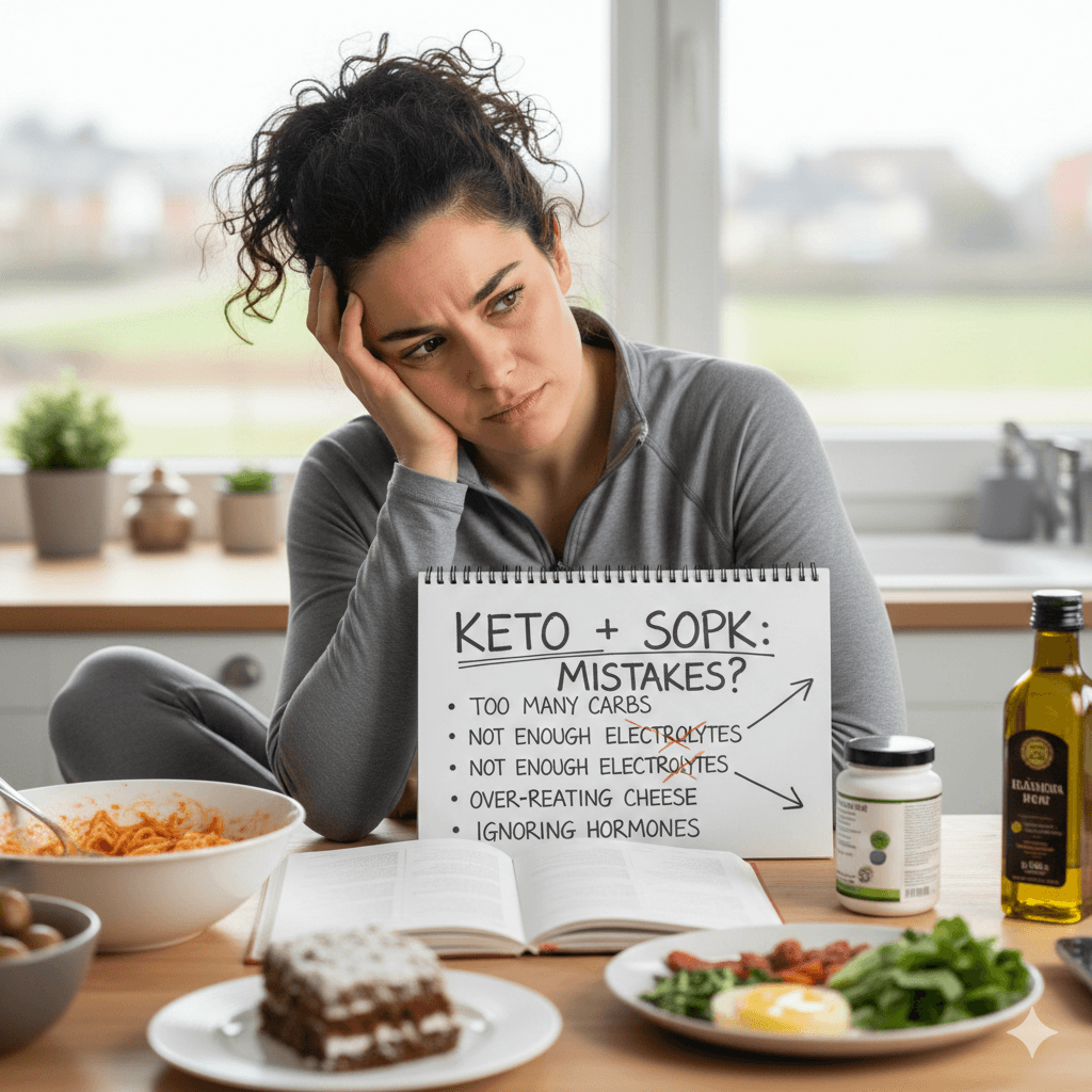 Femme de 37 ans pensive devant un carnet de notes sur le régime keto et le SOPK, illustrant les erreurs fréquentes du débutant