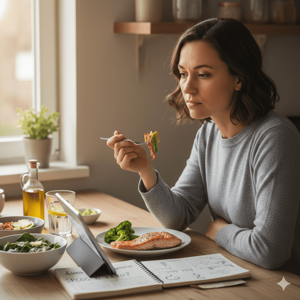 Femme de 37 ans pensive devant un repas cétogène avec un carnet de notes sur le SOPK, illustrant les risques et interrogations du régime keto
