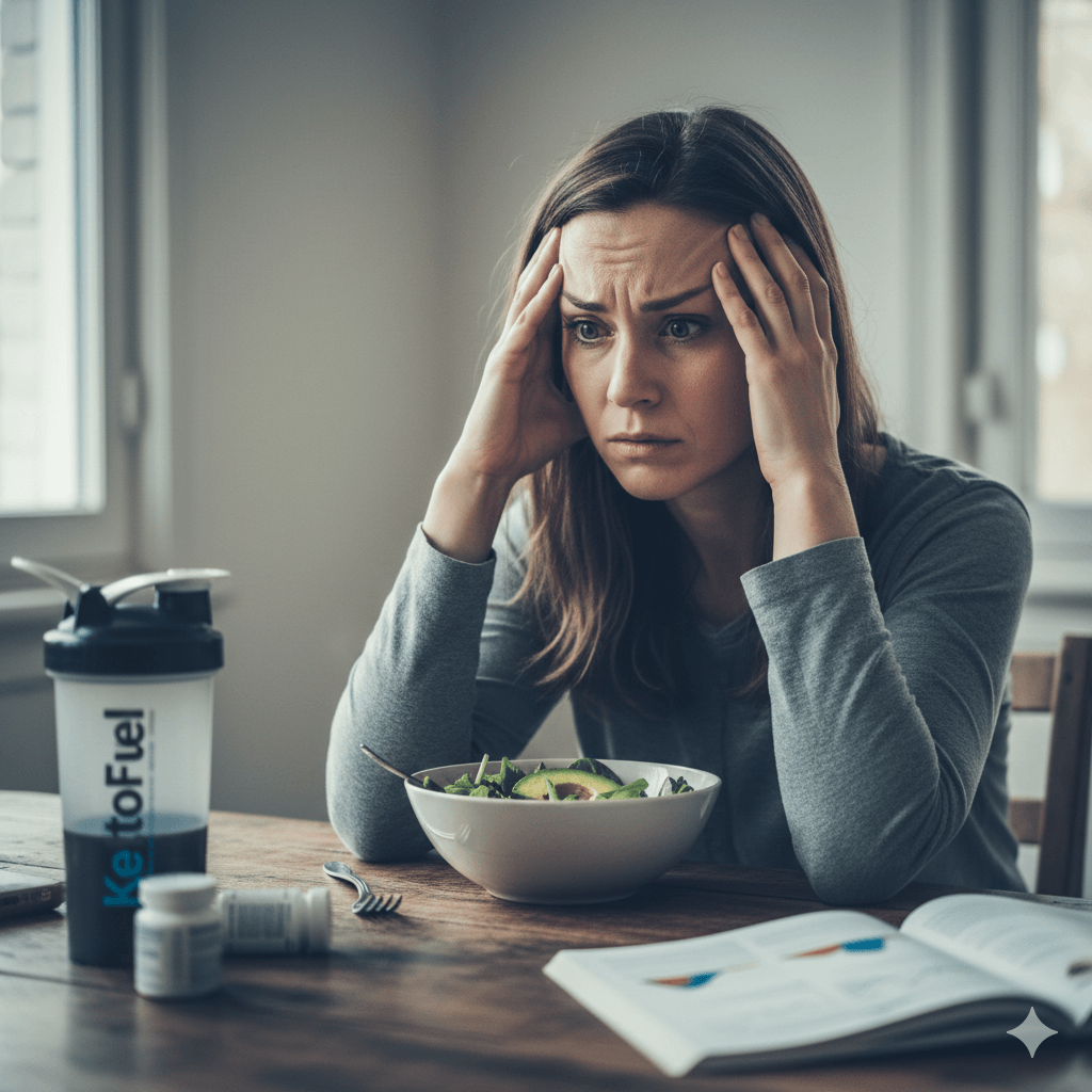 Femme de 37 ans semblant stressée et pensive devant un repas keto avec avocat, illustrant les effets de la diète cétogène sur le stress féminin.