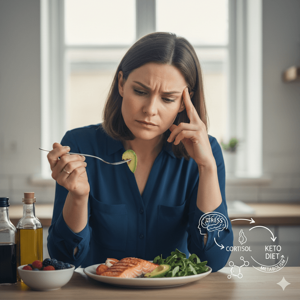 Femme de 35 ans pensive devant un repas keto illustrant le lien entre stress, cortisol et métabolisme