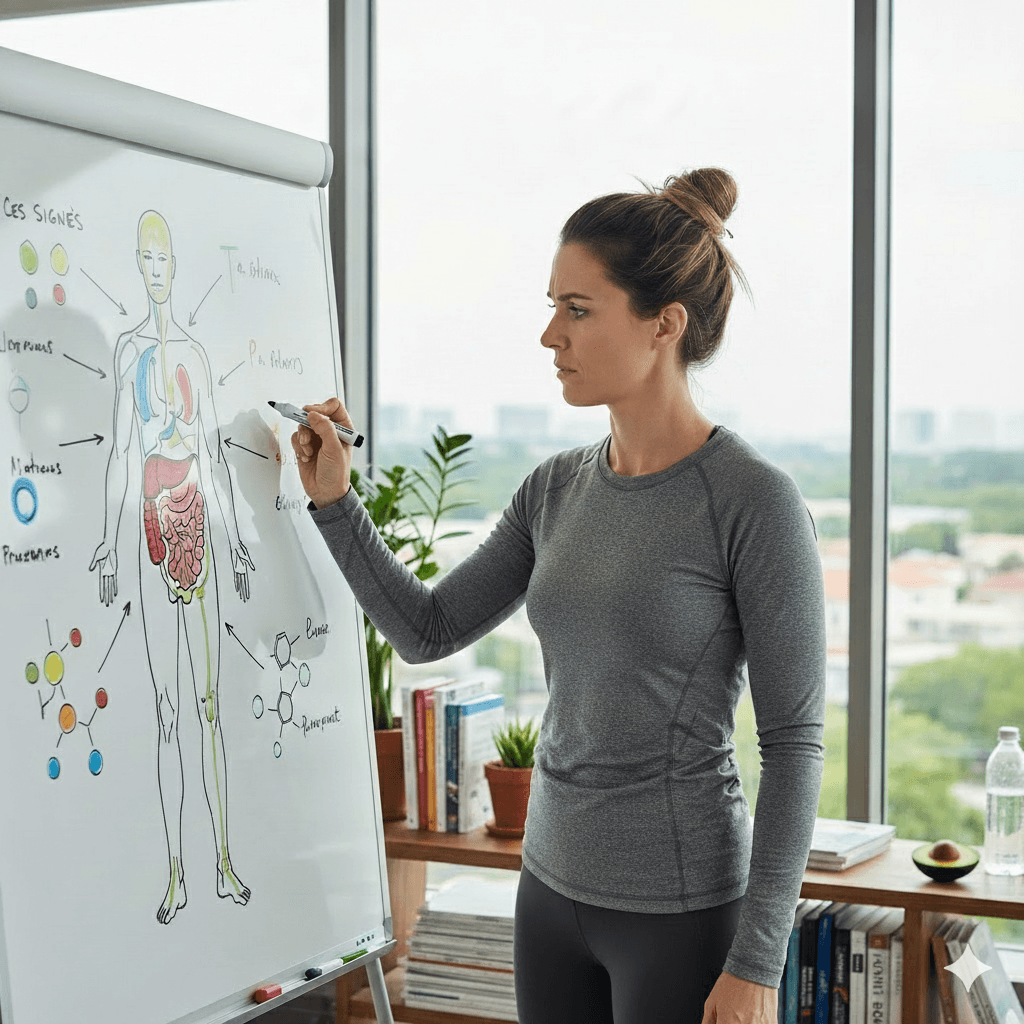 Femme illustre sur un tableau blanc les signes physiologiques d'un corps stressé par le régime cétogène (keto)