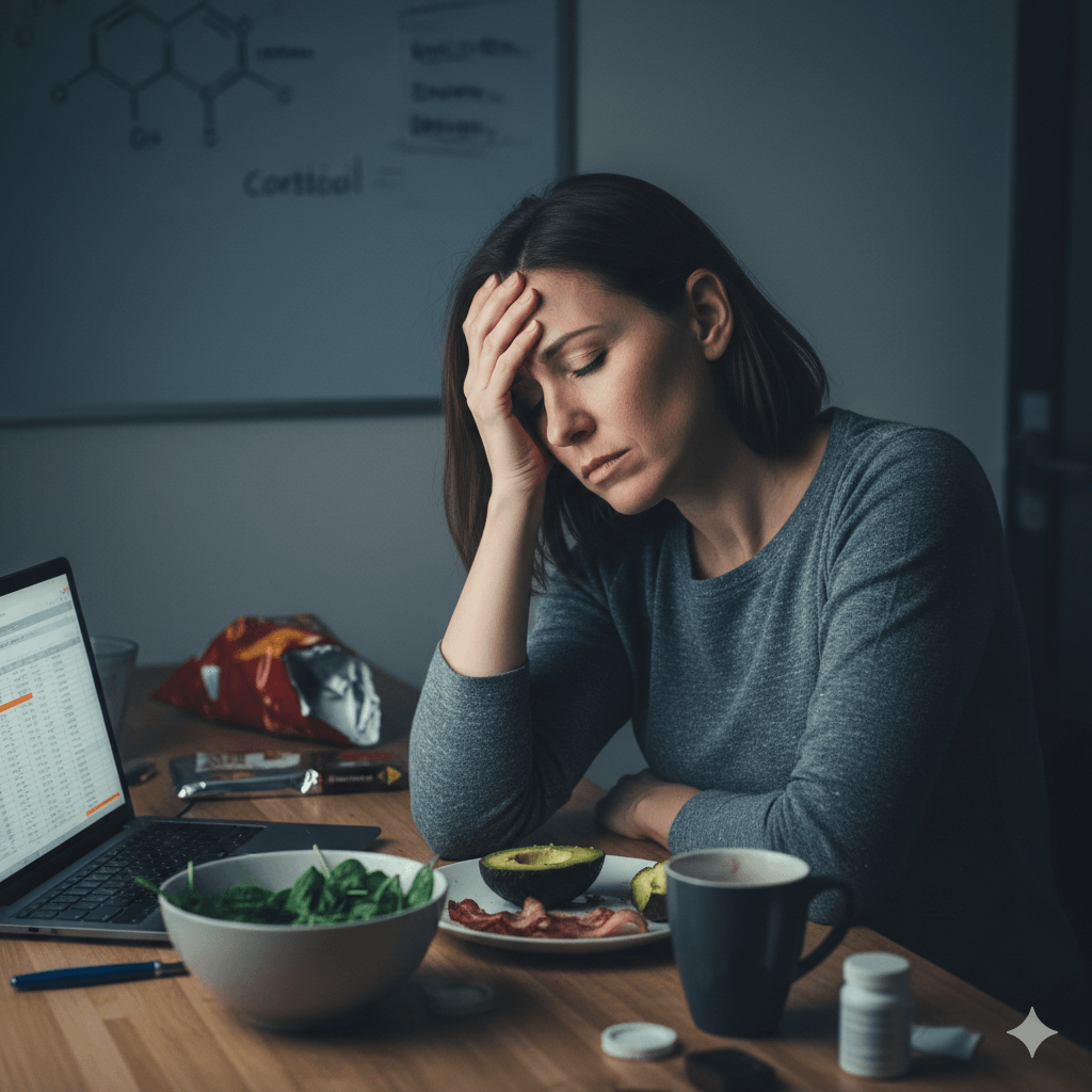 Femme de 35 ans stressée devant un repas keto avec avocat et bacon, illustrant les erreurs du régime cétogène après 35 ans.