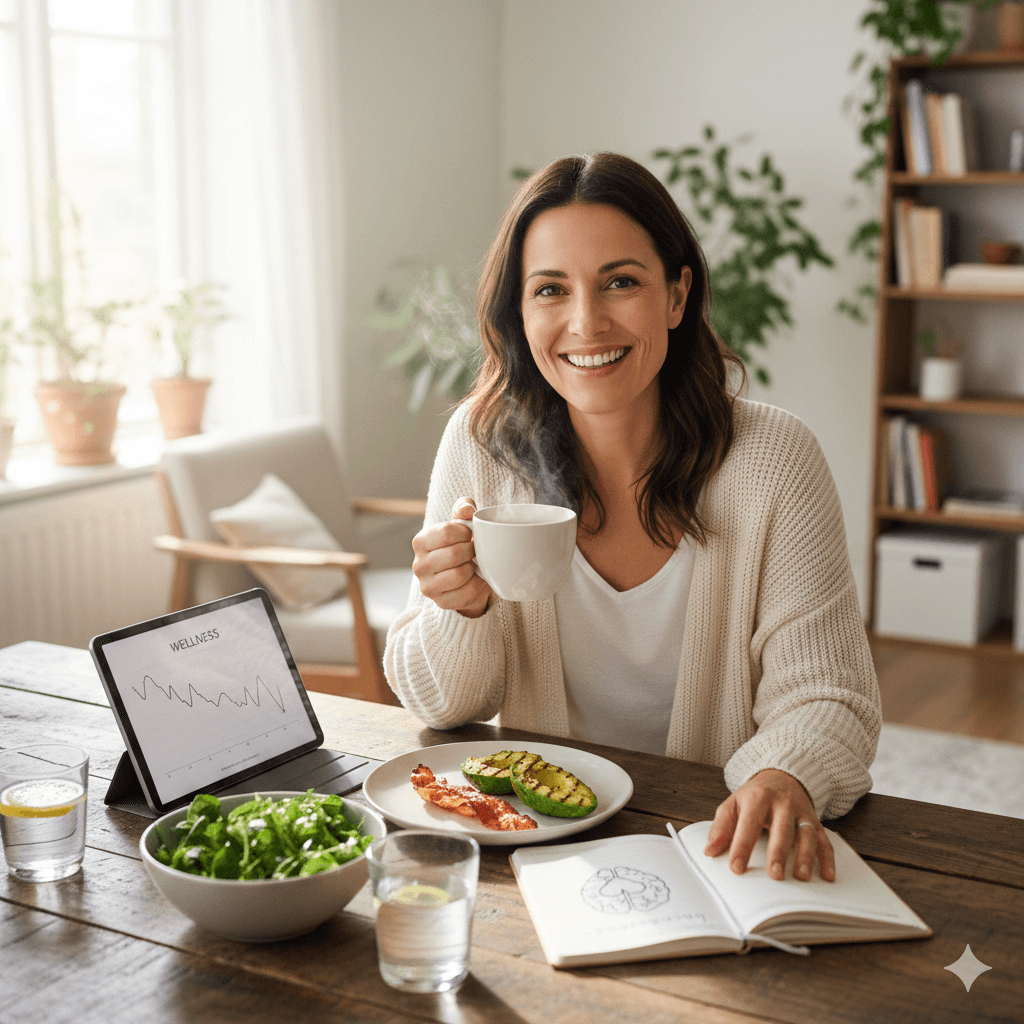 Femme souriante de 35 ans savourant un repas keto équilibré avec avocat et bacon dans une ambiance apaisante pour réduire le stress