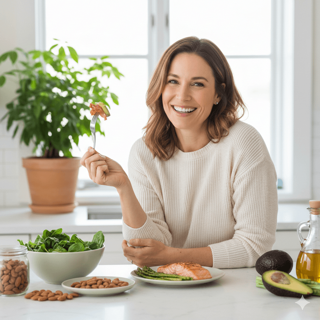 emme souriante de 35 ans dans une cuisine lumineuse dégustant un repas keto équilibré avec saumon, avocat et amandes, illustrant une approche du régime cétogène sans stress