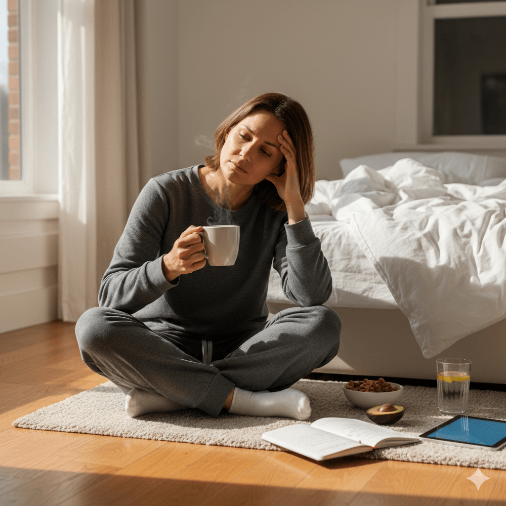 Femme de 35 ans fatiguée assise au pied de son lit avec un avocat et un repas keto, illustrant l'impact du stress et du sommeil sur le régime cétogène