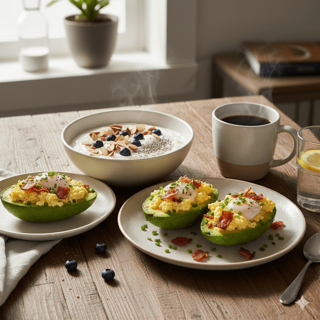 Petit-déjeuner keto rassasiant avec œufs brouillés au bacon dans des avocats et bol de yaourt grec aux amandes