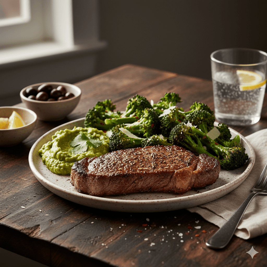 Dîner keto brûle-graisse avec pavé de saumon grillé, asperges vertes et beurre aux herbes sur une table élégante